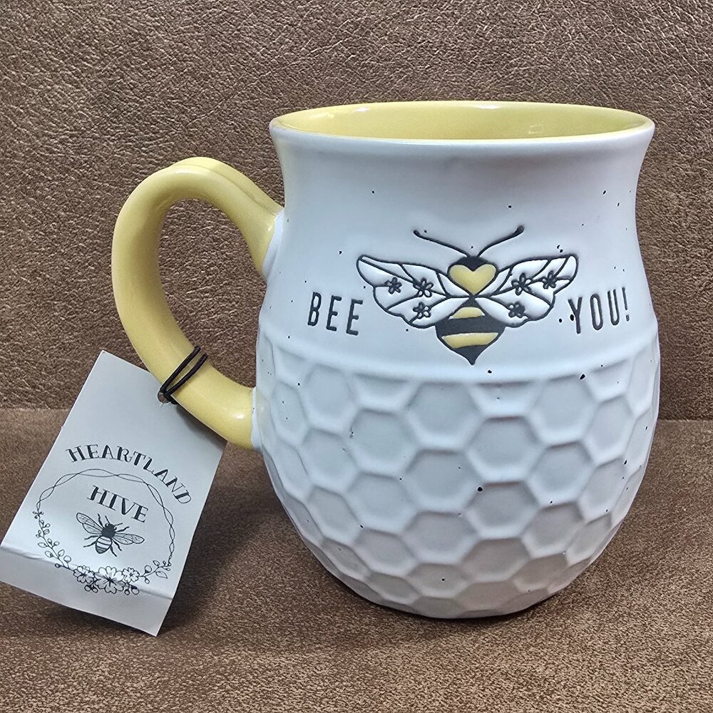 Bee Honeycomb Coffee Mug Large 16 oz Bumble Honey White Yellow